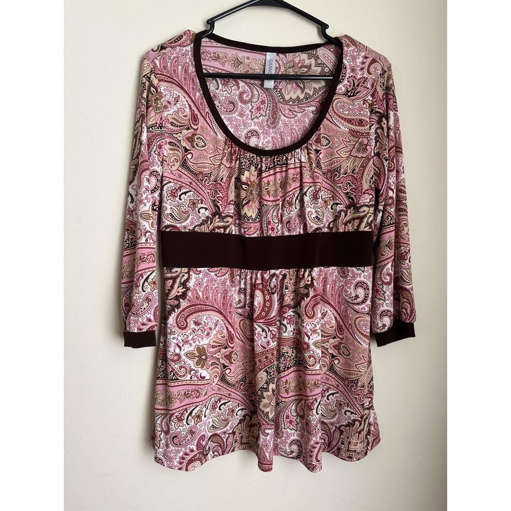 Gitano Womens Pink Brown Paisley Empire Waist Tunic Top Blouse Large 3/4 Sleeve